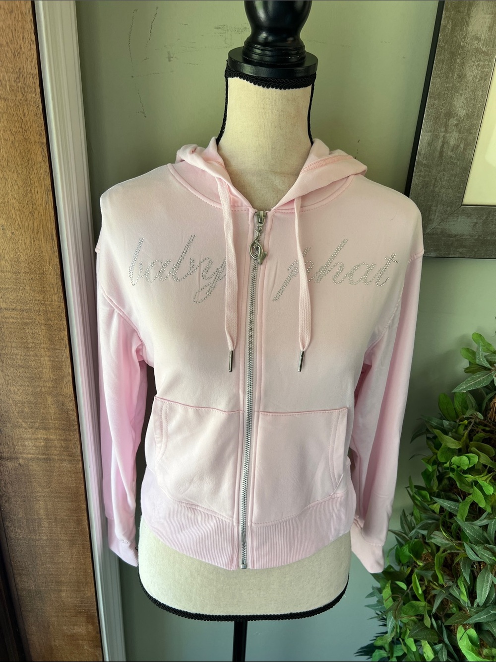 Baby Phat Light Pink Rhinestone Script Zip-Up Hoodie